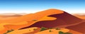 Vector flat landscape minimalistic illustration of hot desert nature view: sky, dunes, sand, plants.