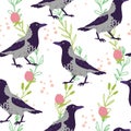 Vector flat seamless pattern with hand drawn crow birds and floral wild nature elements isolated on white background.