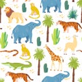 Vector flat seamless pattern with hand drawn desert animals, reptiles, palm trees, cactus isolated on white background.