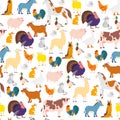 Vector flat seamless pattern with hand drawn farm domestic animals isolated on white background. Royalty Free Stock Photo