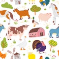 Vector flat seamless pattern with hand drawn farm domestic animals, trees, birds, house isolated on white background. Royalty Free Stock Photo