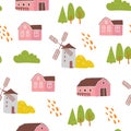 Vector flat seamless pattern with hand drawn farm domestic building, house, mill, trees isolated on white background. Royalty Free Stock Photo