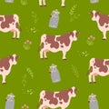 Vector flat seamless pattern with hand drawn farm domestic cow animals, floral elements and milk can isolated on green background. Royalty Free Stock Photo