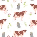 Vector flat seamless pattern with hand drawn farm domestic cow animals, floral elements and milk can isolated on white background. Royalty Free Stock Photo