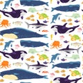 Vector flat seamless pattern with hand drawn marine animals, fish, amphibia isolated on white background. Royalty Free Stock Photo