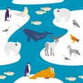 Vector flat seamless pattern with hand drawn north animals, fish, birds, water isolated on winter landscape. Royalty Free Stock Photo