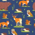 Vector flat seamless pattern with wild forest animals, birds and floral elements isolated on blue background. Owl, bear, fox.