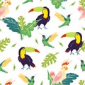 Vector flat tropical seamless pattern with hand drawn jungle monstera leaves, toucan, hummingbird, parrot birds isolated. Royalty Free Stock Photo