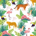 Vector flat tropical seamless pattern with hand drawn jungle plants and elements, animals, birds isolated. Royalty Free Stock Photo