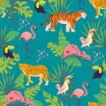 Vector flat tropical seamless pattern with hand drawn jungle plants and elements, animals, birds isolated. Toucan, flamingo, tiger