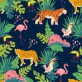 Vector flat tropical seamless pattern with hand drawn jungle plants and elements, animals, birds isolated. Royalty Free Stock Photo