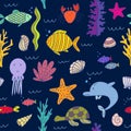 Underwater animals and underwater plantings. Seamless pattern.