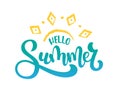 Vector illustration of Hello Summer logotype. Seasonal poster with hand sketched lettering typography and sun Royalty Free Stock Photo