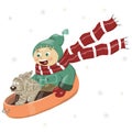 Vector illustration of a boy with a dog, riding down the hill on a sled, in winter clothes, coat, trousers, boots, hat, scarf, mit