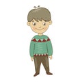 Vector illustration of a boy in brown trousers and green winter sweater. Cheerful, small, looks, smiles. Painting, postcard, winte