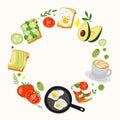 Vector illustration with breakfast ideas, avocado toast, fried egg, coffee and vegetables in the form of circle