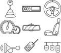 Vector illustration of car`s spare parts in outline. Illustration of steering wheel, speedometer. Black and white icons. Royalty Free Stock Photo