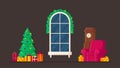 Vector illustration of a christmas window. Beautiful room.