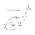 Vector illustration with cute funny cartoon dinosaur drawn outline. Royalty Free Stock Photo