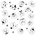 Vector illustration of muzzle of cats different. Black and white. Girls and boys, wearing glasses, butterflies, ties, beads.