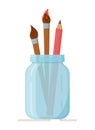 Vector illustration of paint brushes in a glass jar. Ceramic jug with multicolored paintbrushes.