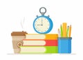 Vector illustration of a school concept. School books, coffee glass, clock, pens. Flat design of school supplies. Royalty Free Stock Photo