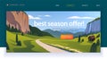 Vector landing page design template with beautiful flat canyon mountains village, road trip landscape illustration.