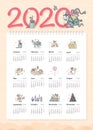 Vector 2020 new year creative monthly calendar for kids with cute funny mice animals characters hand drawn illustrations design te