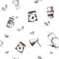 Vector seamless pattern with coffee bag and coffee makers and grinder. Royalty Free Stock Photo