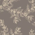 Vector seamless pattern with coffee branches. Illustration of leaves and berries of coffee in sketch engraving style.