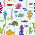 Underwater animals and underwater plantings. Seamless pattern