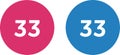Vibrant pink and blue circles display the number thirty-three against a clean white backdrop Royalty Free Stock Photo