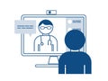 Virtual doctor visit, telemedicine healthcare concept,doctor giving advice over laptop computer screen to, medical worker on displ