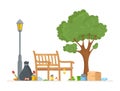 Vector illustration of a park bench standing near a tree. Spending the weekend with benefit.