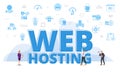 web or website hosting concept with big words and people surrounded by related icon with blue color style Royalty Free Stock Photo