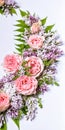 Web wedding flower banner. Rose, lilac, rowan leaves on a white background. Floral pattern. Copy space for text Royalty Free Stock Photo