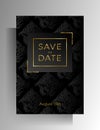 Wedding invitation design template. A black floral pattern on black with a gold frame is hand-drawn. Vector Royalty Free Stock Photo