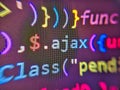 Web working on computer. Web development code background. Data encryption security code on a computer display, close up. Binary