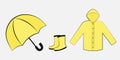 Yellow raincoat, rainboots and umbrella vector flat icons set