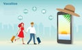 Young couple man and woman  with luggages holding hands walking to sea trip vacation on virtual smartphone screen. Royalty Free Stock Photo