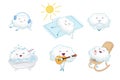 WebA set of cute cartoon clouds. Cloud bathes in the bathroom, sunbathes, plays guitar and sings, sits in the lotus position, list