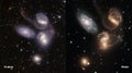 Webb and Hubble telescopes side-by-side comparisons visual gains. StephanÃ¢â¬â¢s Quintet Galaxies