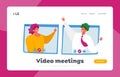 Webcam on Conference Landing Page Template. Online Briefing, Business Characters, Office Employees Speak on Video Call