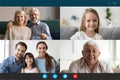 Webcam laptop screen view multigenerational family involved in videocall communication