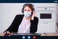 Webcam screen when making an online video call with a woman in medical mask, mockup. Businesswoman in an online conference when