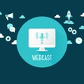 Webcast or Live Stream Illustration. Computer with Microphone Icon Surrounded by Technology and Communication Icons Royalty Free Stock Photo