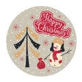 WebChristmas illustration in flat style with a snowman, Christmas tree and the inscription Merry Christmas