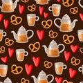 WebCute seamless pattern with a tea set and red hearts on a dark background. Vector illustration. Royalty Free Stock Photo