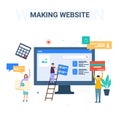 Making websitesite. Web e-shop pages under construction and seo optimization with marketing people