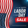 WebHappy Labor Day sale card with flag and fireworks. Vector